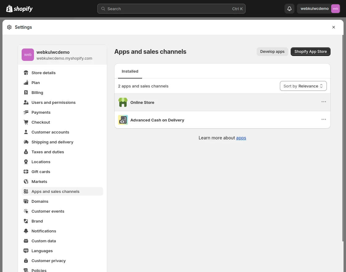 Apps and sales channels settings with the Develop apps button