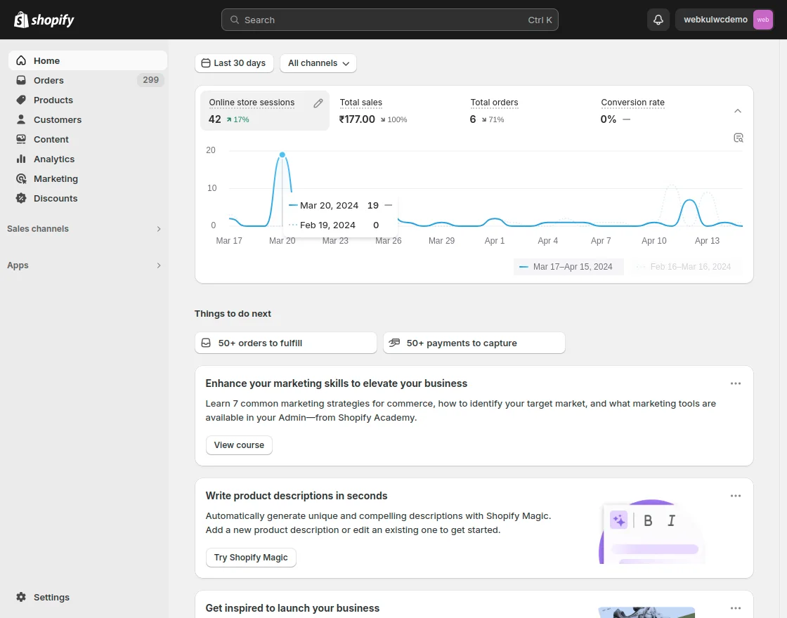 Shopify admin home with the left navigation