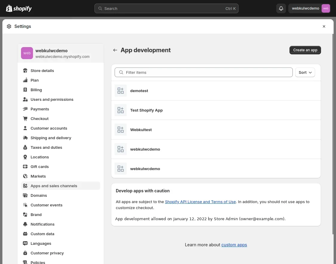 App development screen with the Create an app button