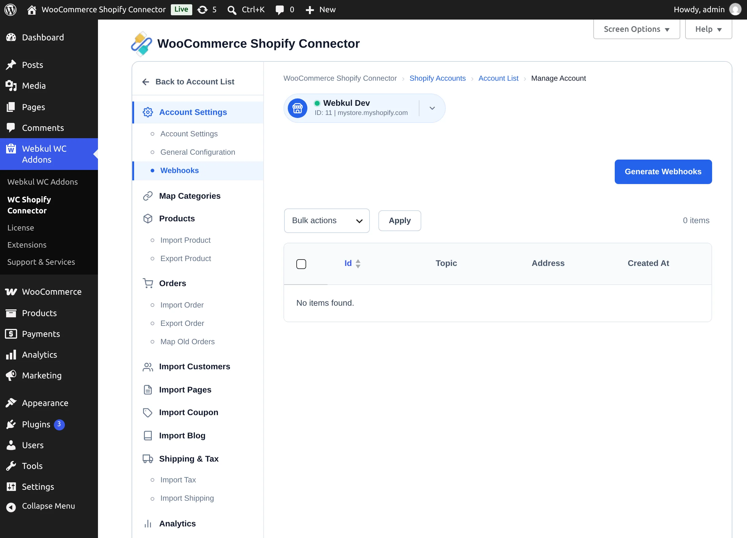 Webhooks tab