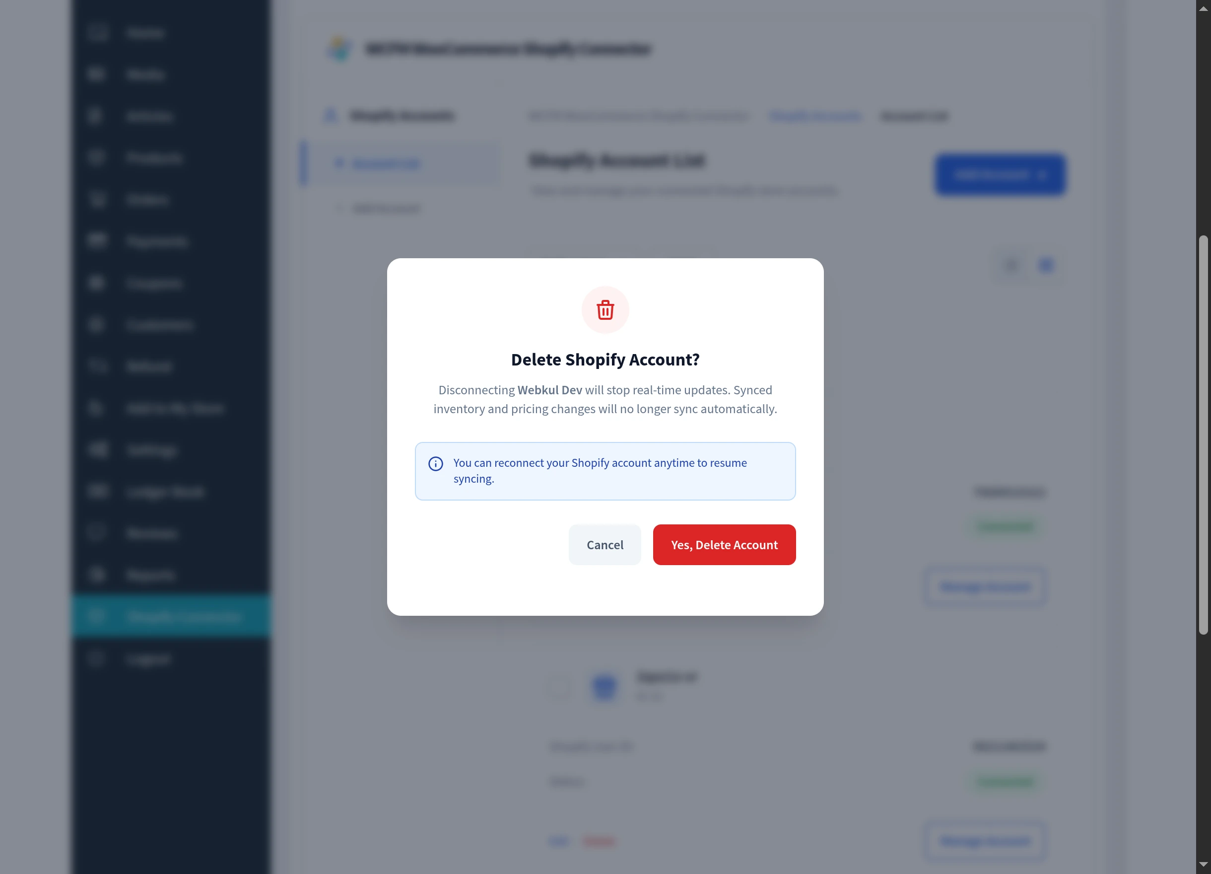 The delete confirmation for a Shopify account