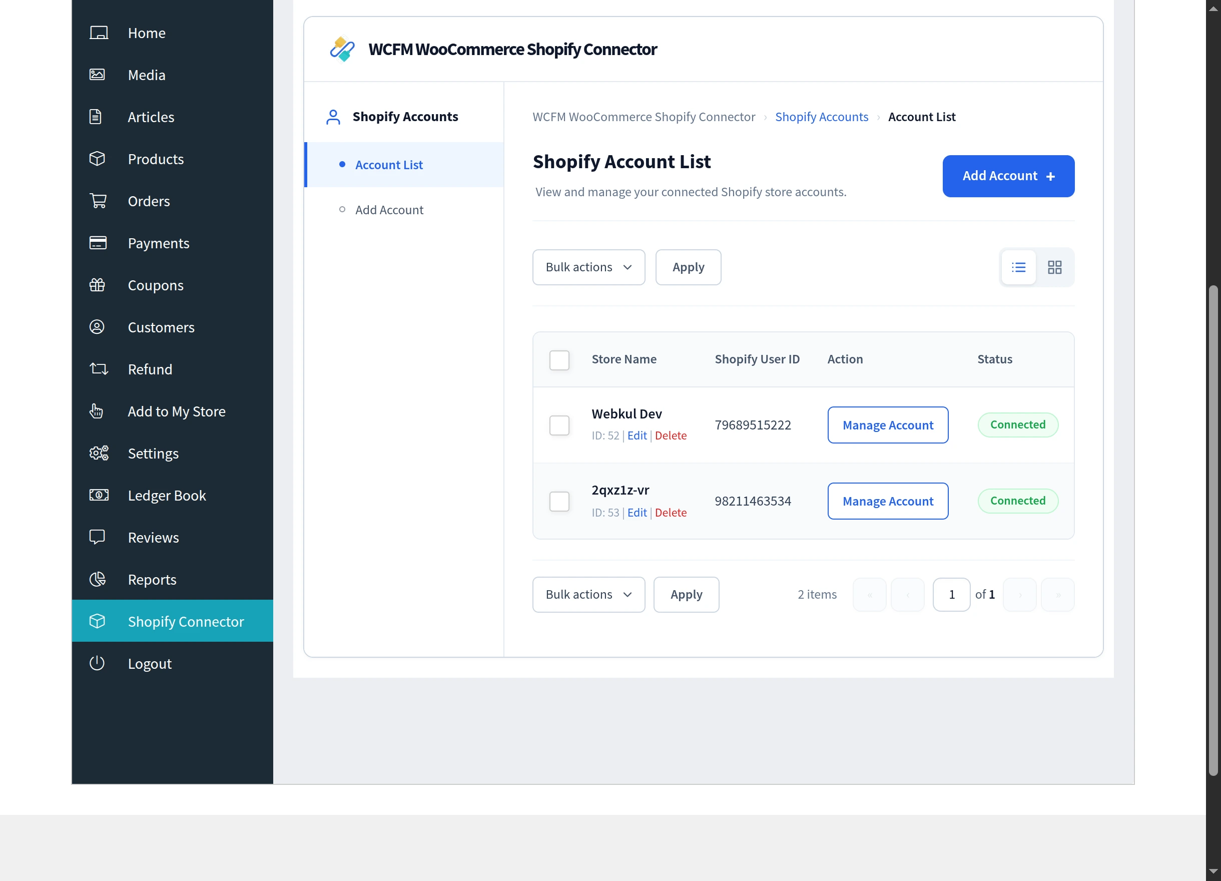 The Shopify account list in list view