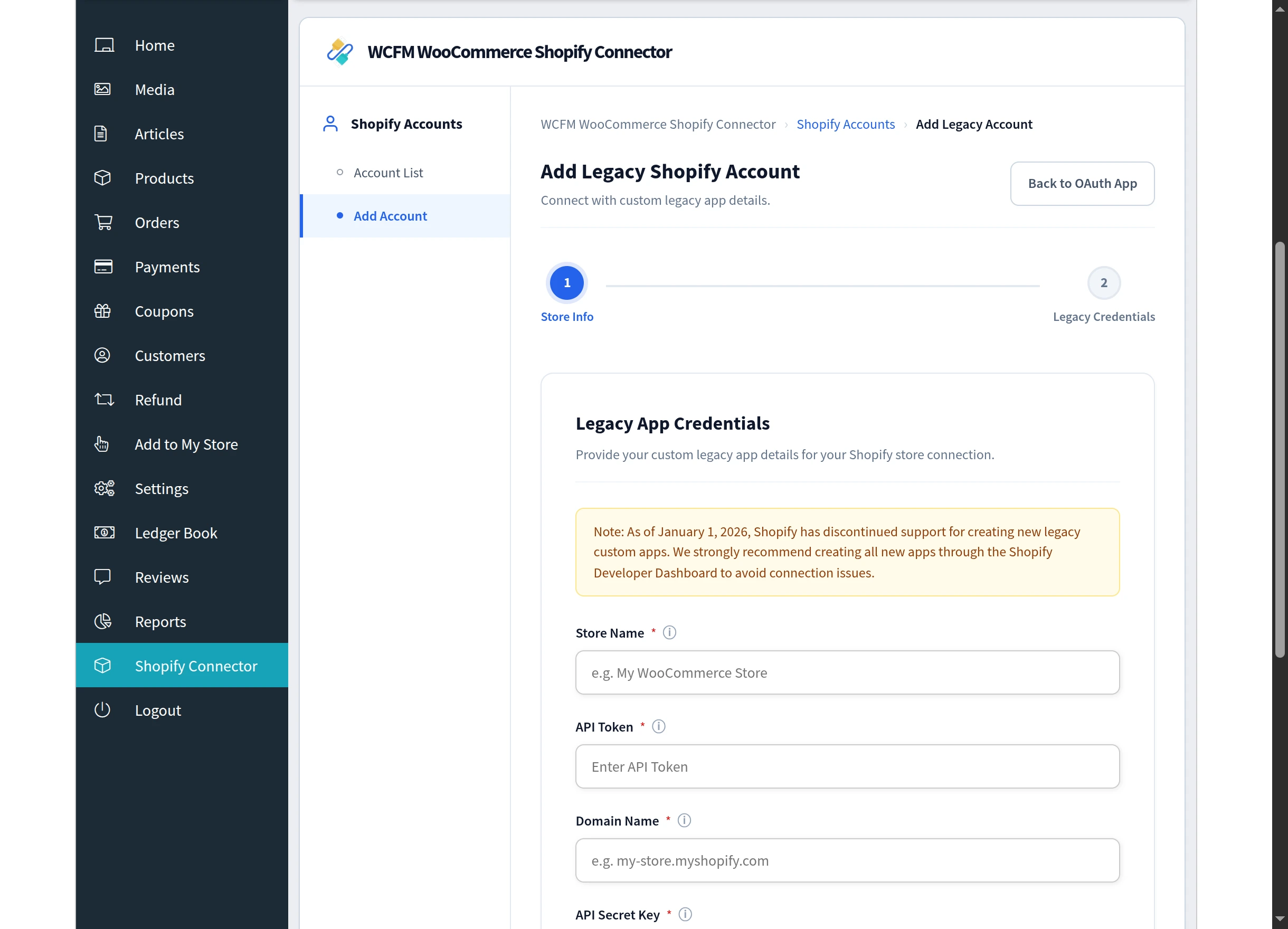 Adding a legacy custom app account