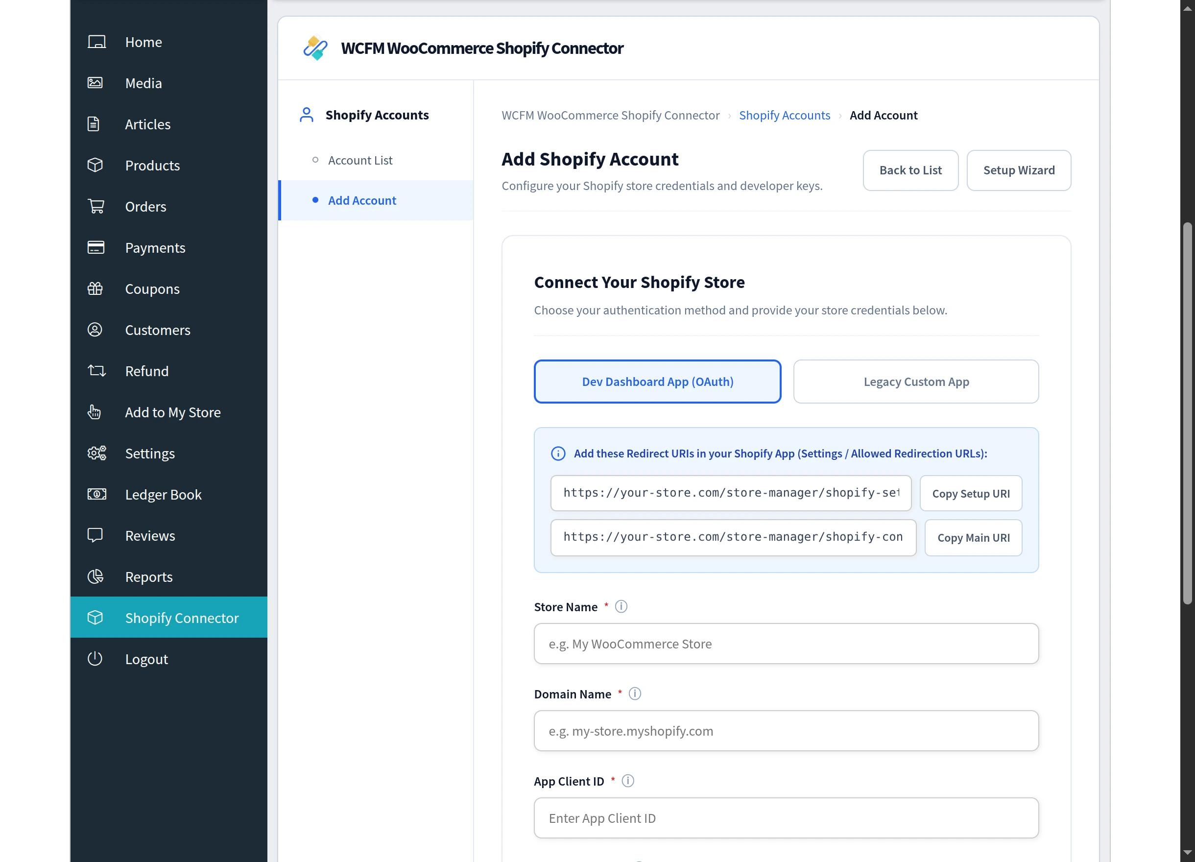 Adding an account with a Dev Dashboard app
