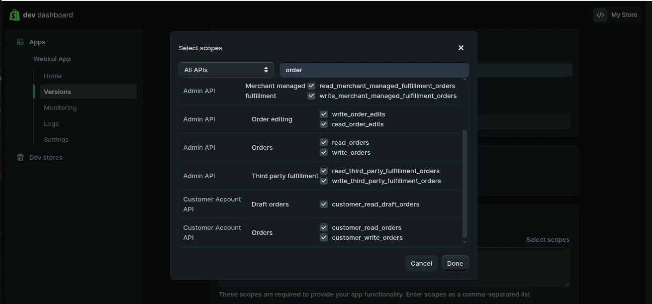The Select scopes dialog in the Shopify Dev Dashboard