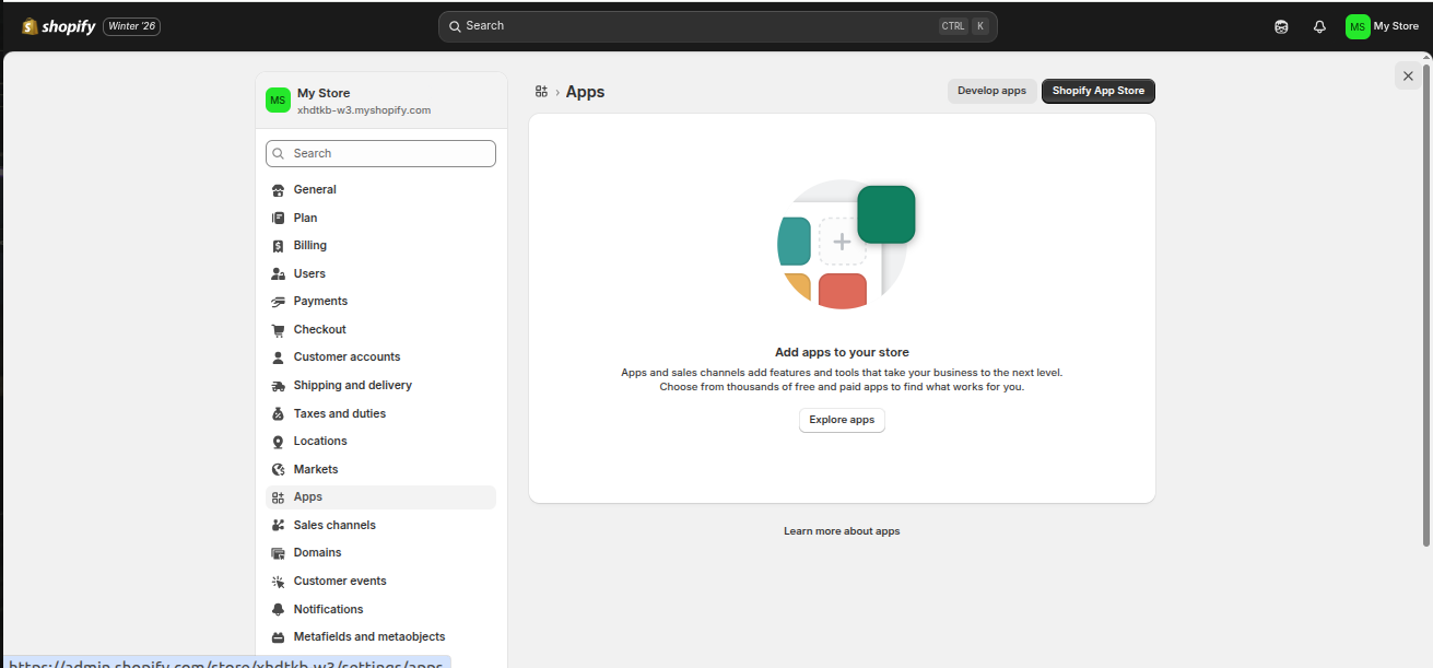 The Apps page in Shopify settings, with the Develop apps button top right