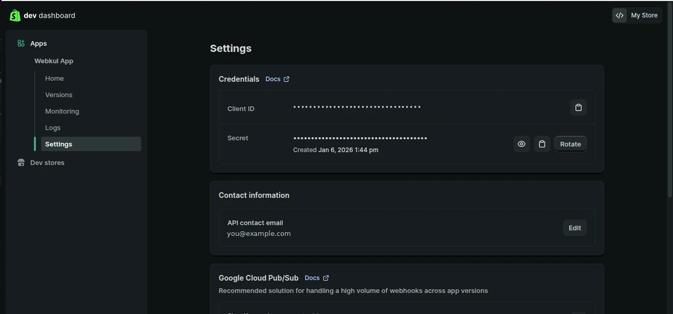 The app's Credentials section showing Client ID and Secret
