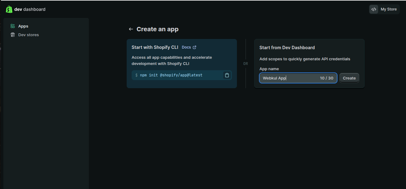 Creating an app from the Dev Dashboard with an app name