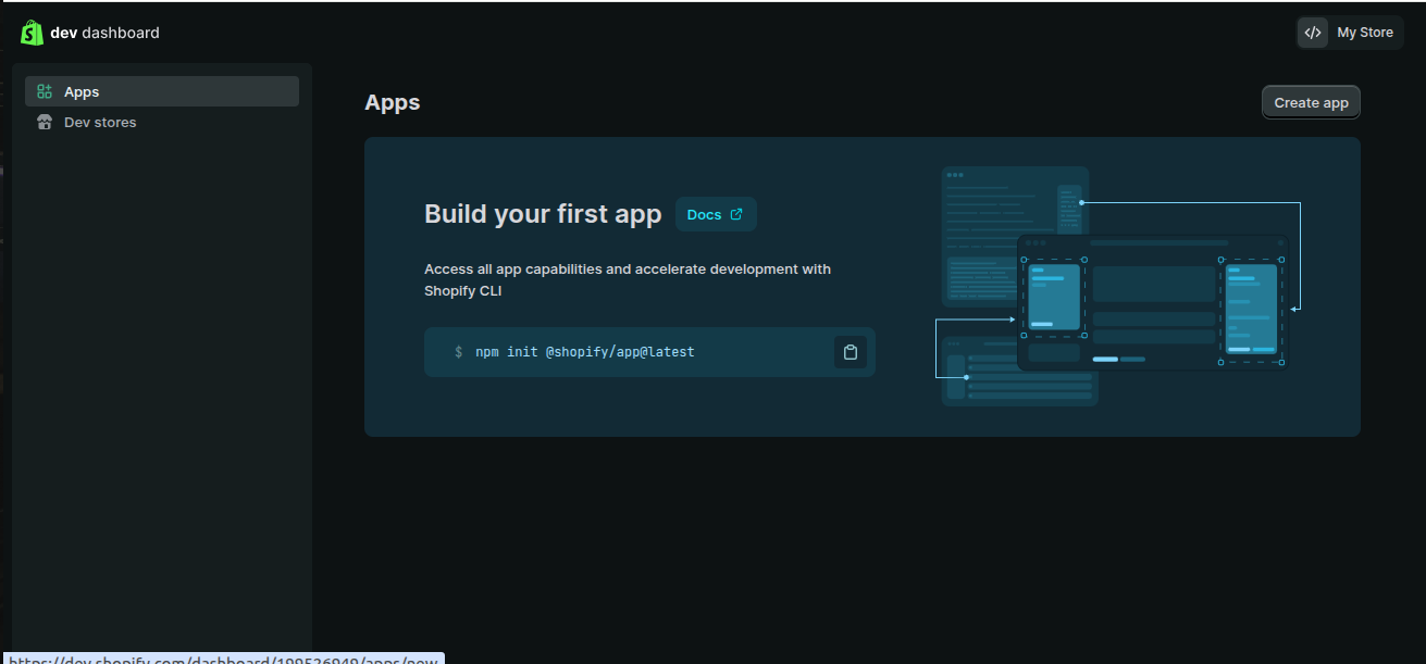 The Shopify Dev Dashboard, ready to create the first app
