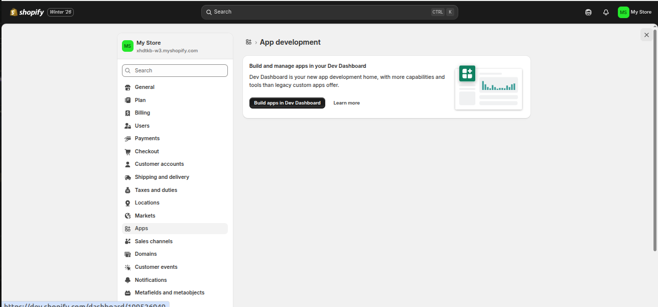 The App development panel with the Build apps in Dev Dashboard button