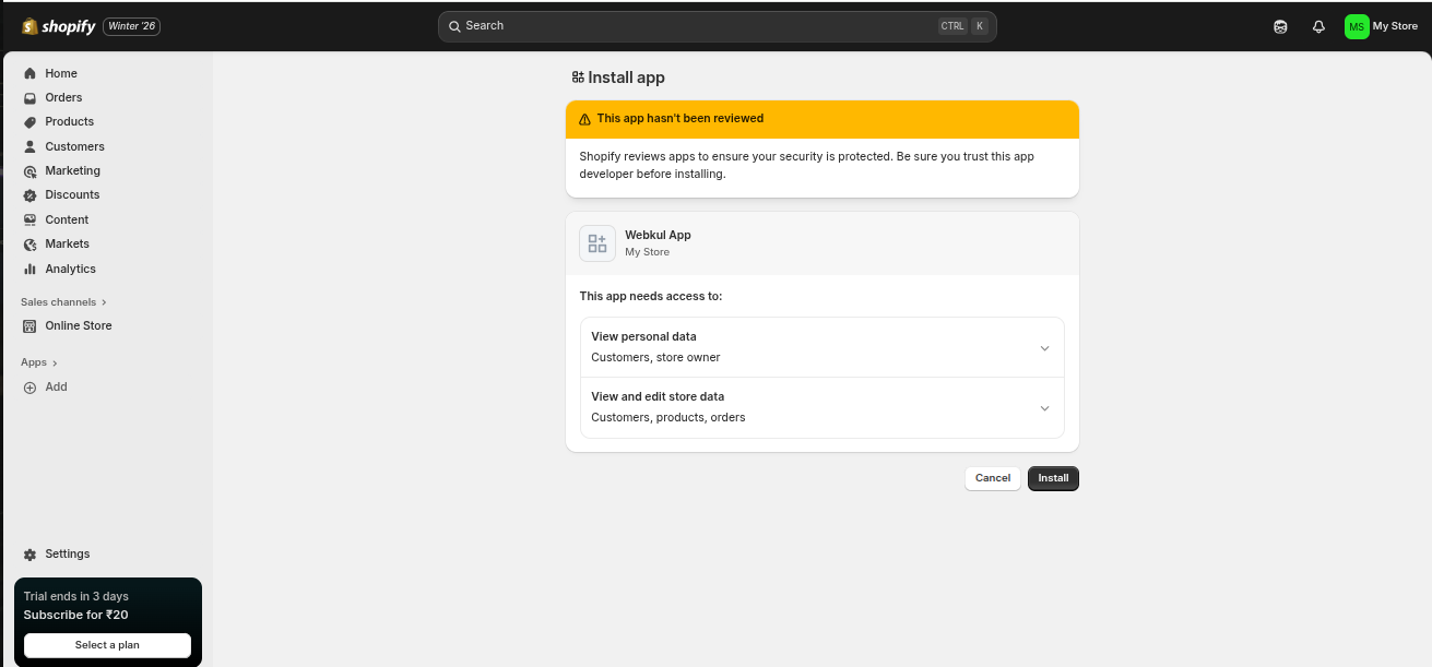 The Install app confirmation screen listing the requested access