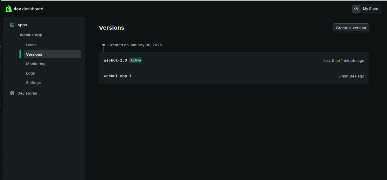 The app's Versions list showing the newly released active version