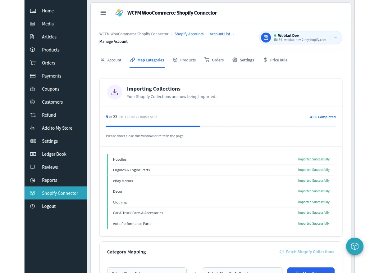 Shopify collections being fetched, with a progress bar and each collection listed as it is imported