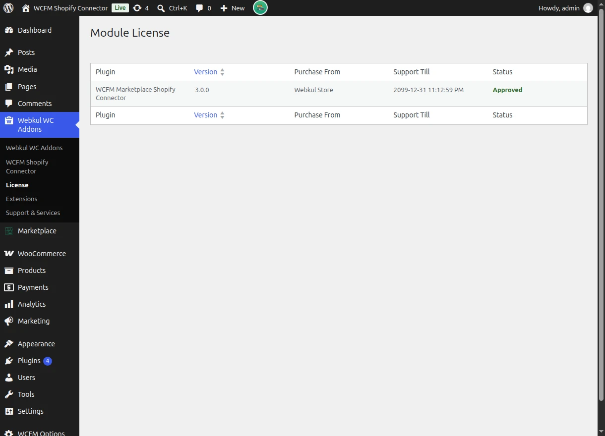 The Module License screen showing an approved licence