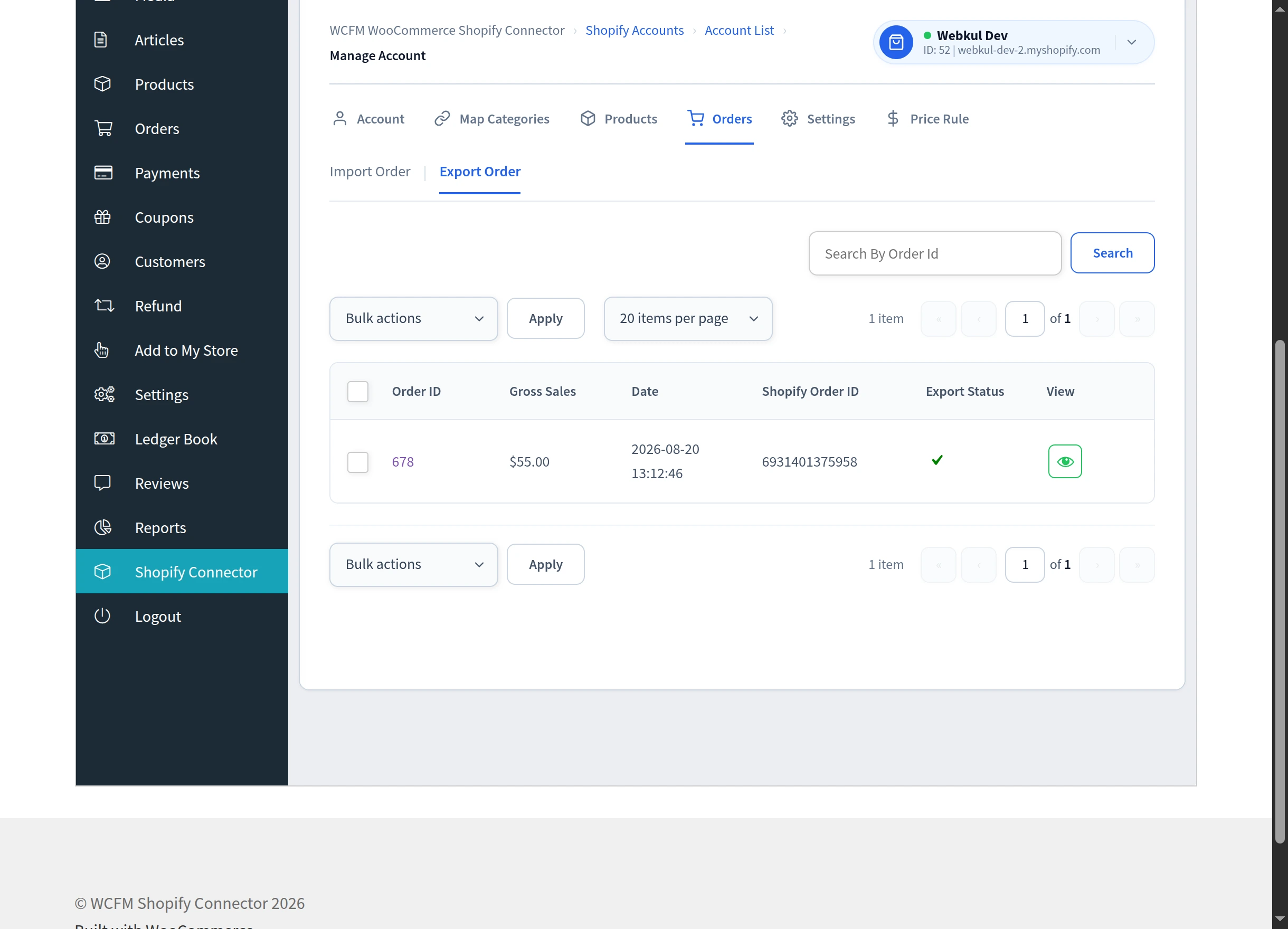 An order exported successfully, showing its Shopify Order ID