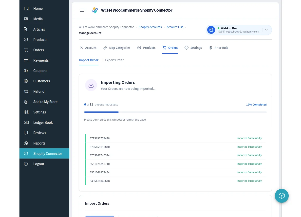 Stage one of the order import, fetching orders from Shopify with a progress bar and per-order results