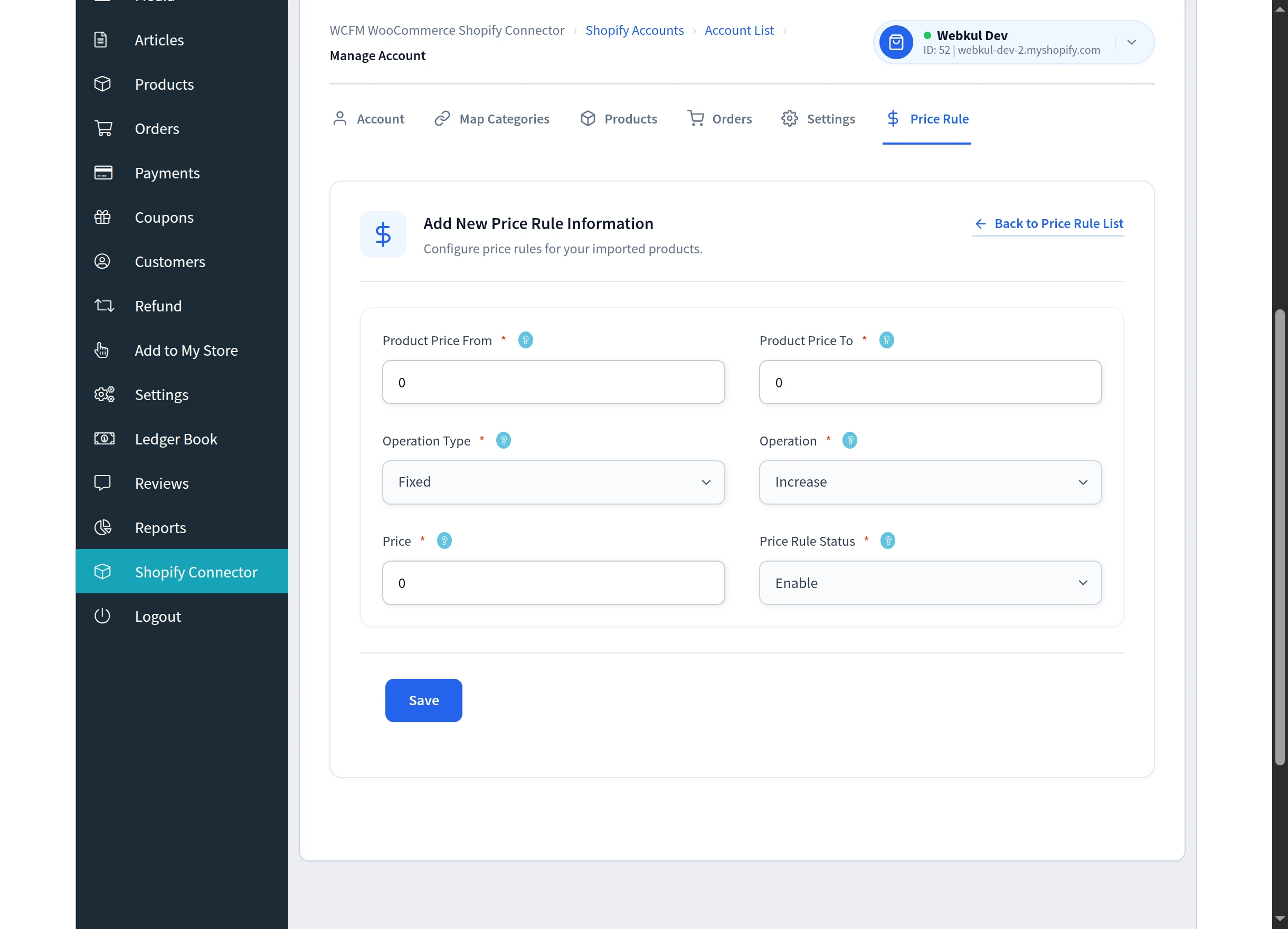 The Add New Price Rule form