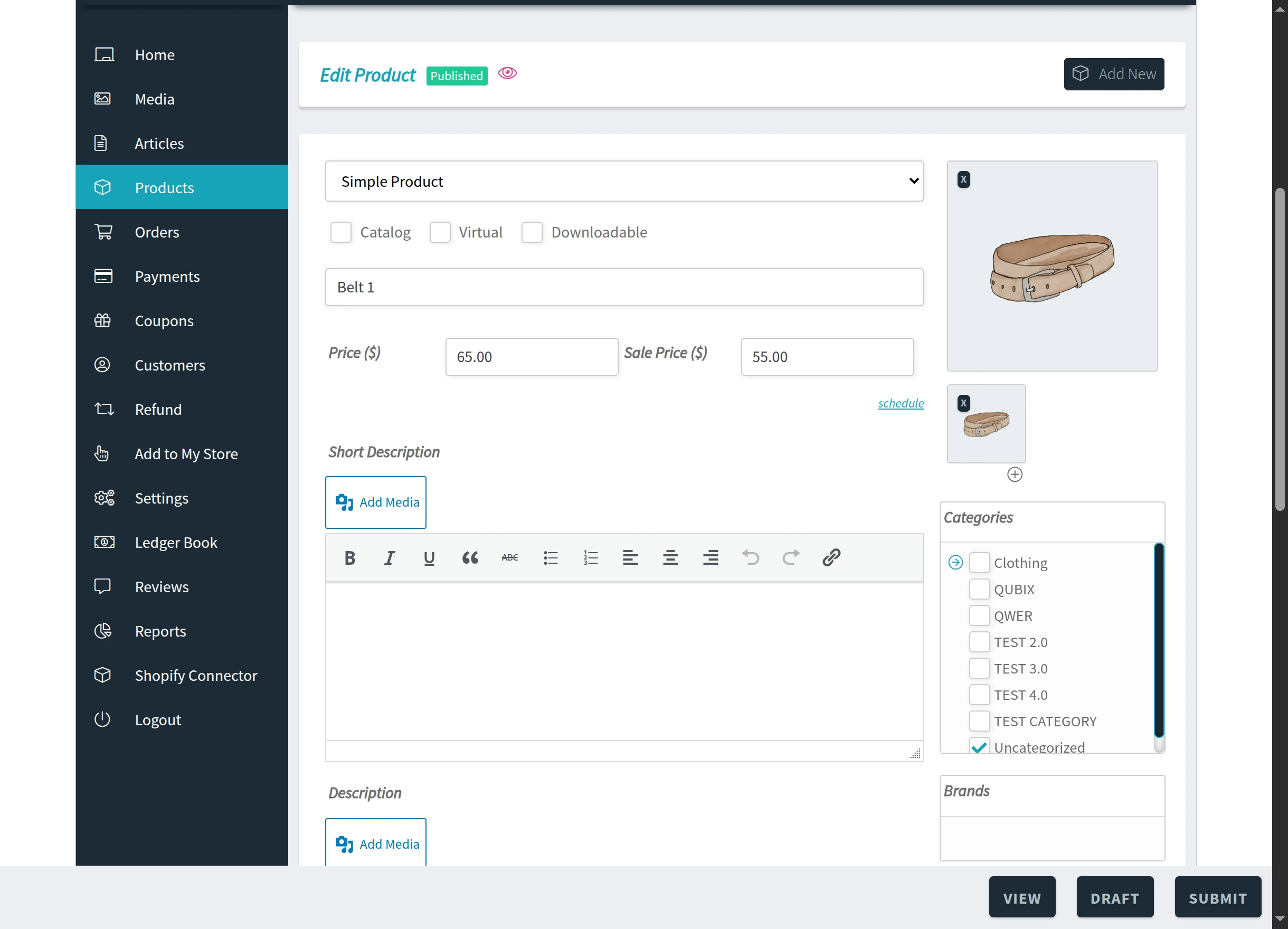Editing a product in the vendor dashboard