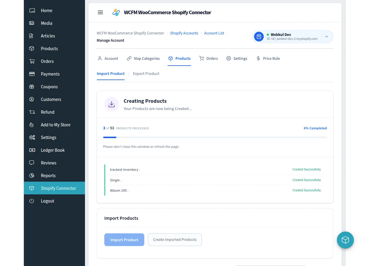 Stage two of the product import, creating WooCommerce products from the staged Shopify data