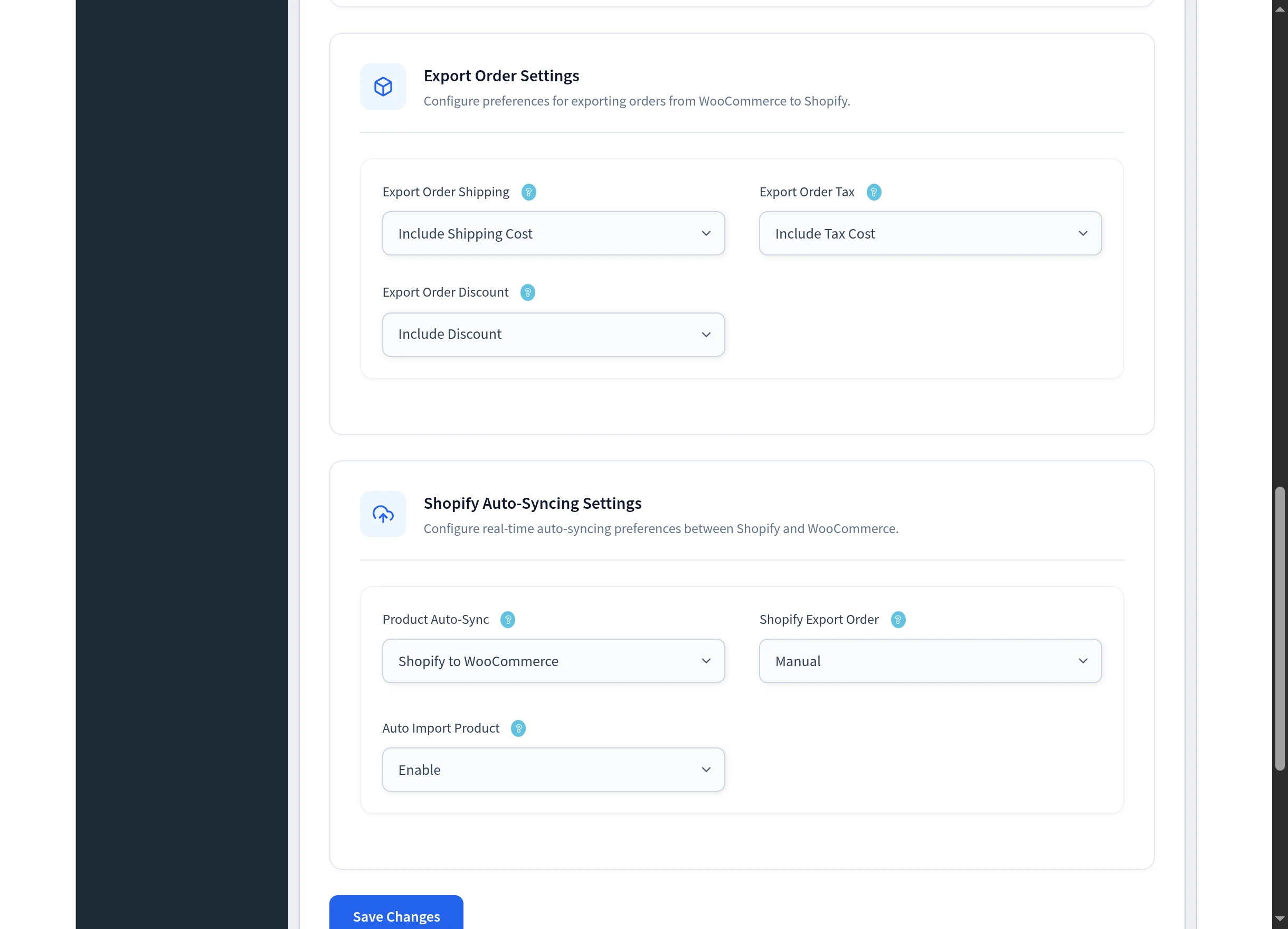 The Export Order and Auto-Syncing sections