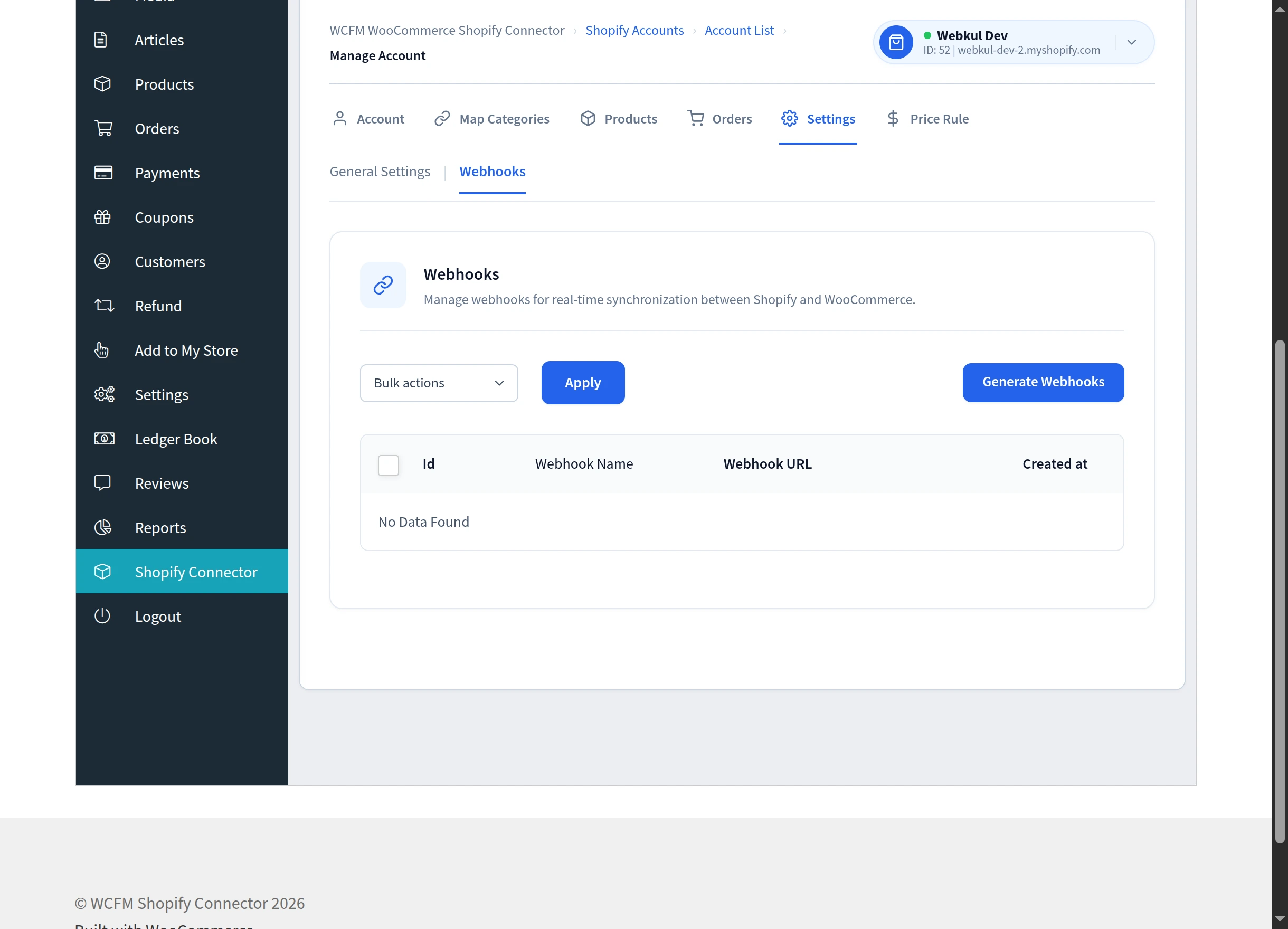 The Webhooks screen with the Generate Webhooks button