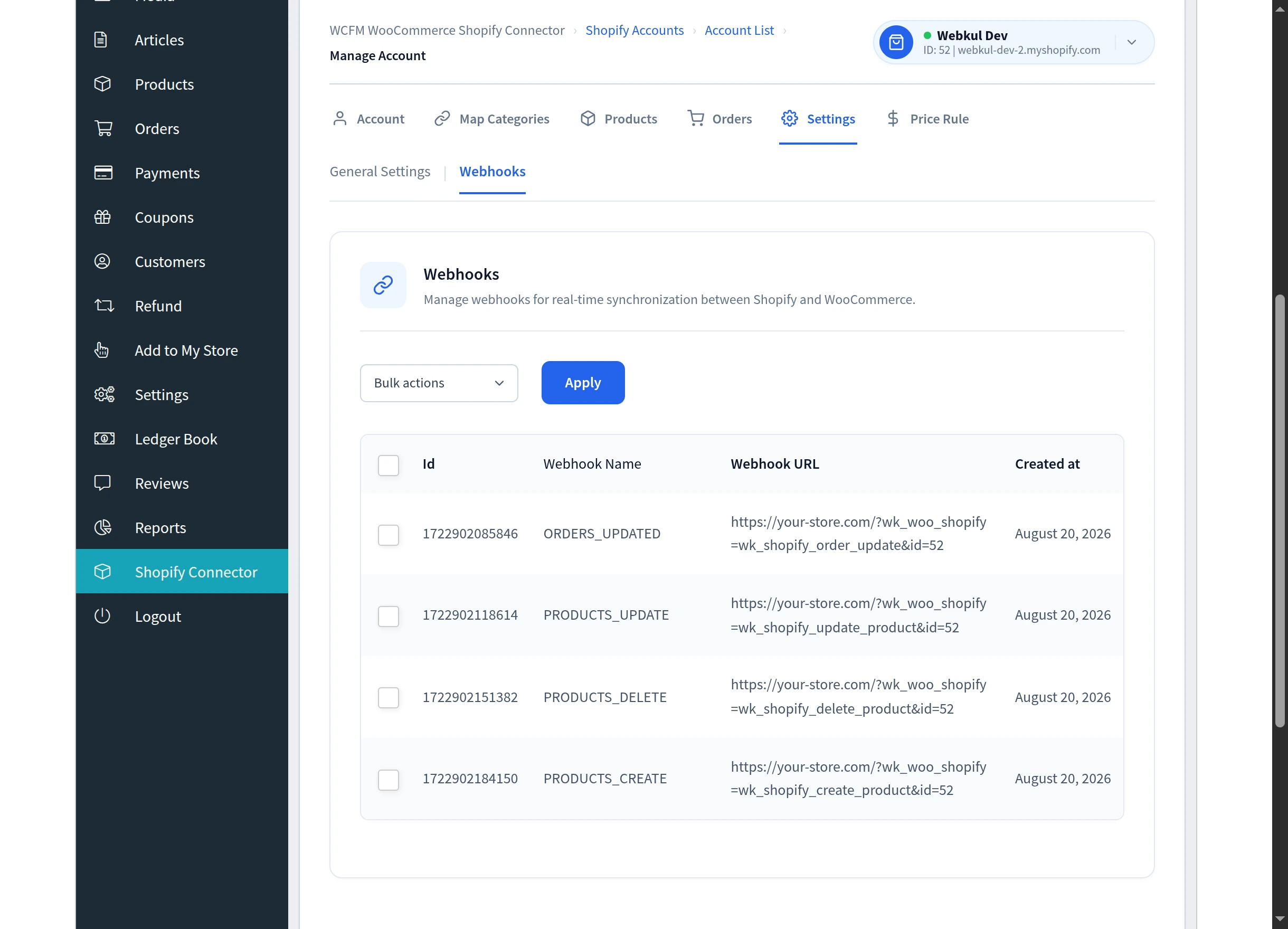 The four registered webhooks