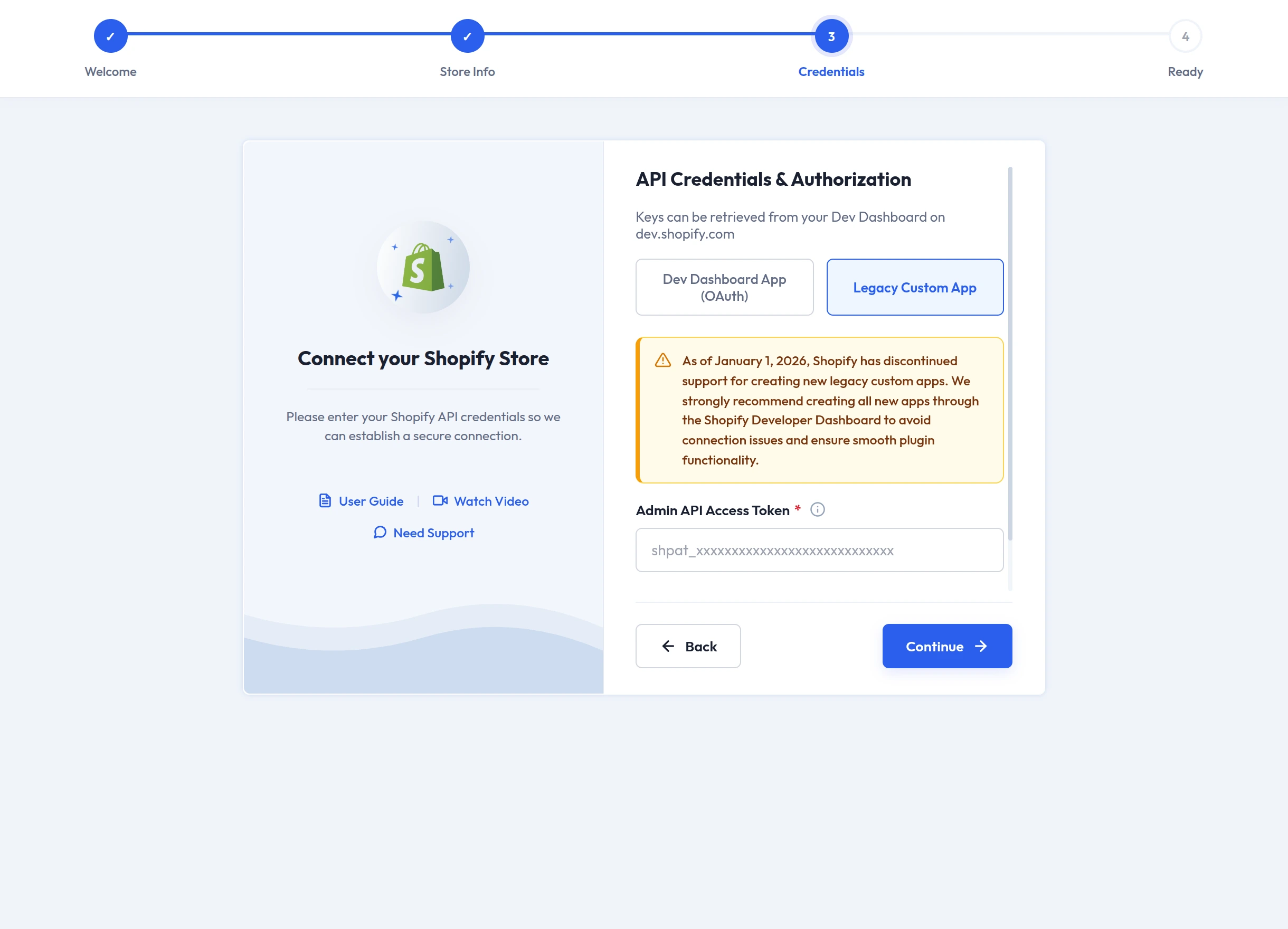 Setup wizard credentials step for a legacy custom app