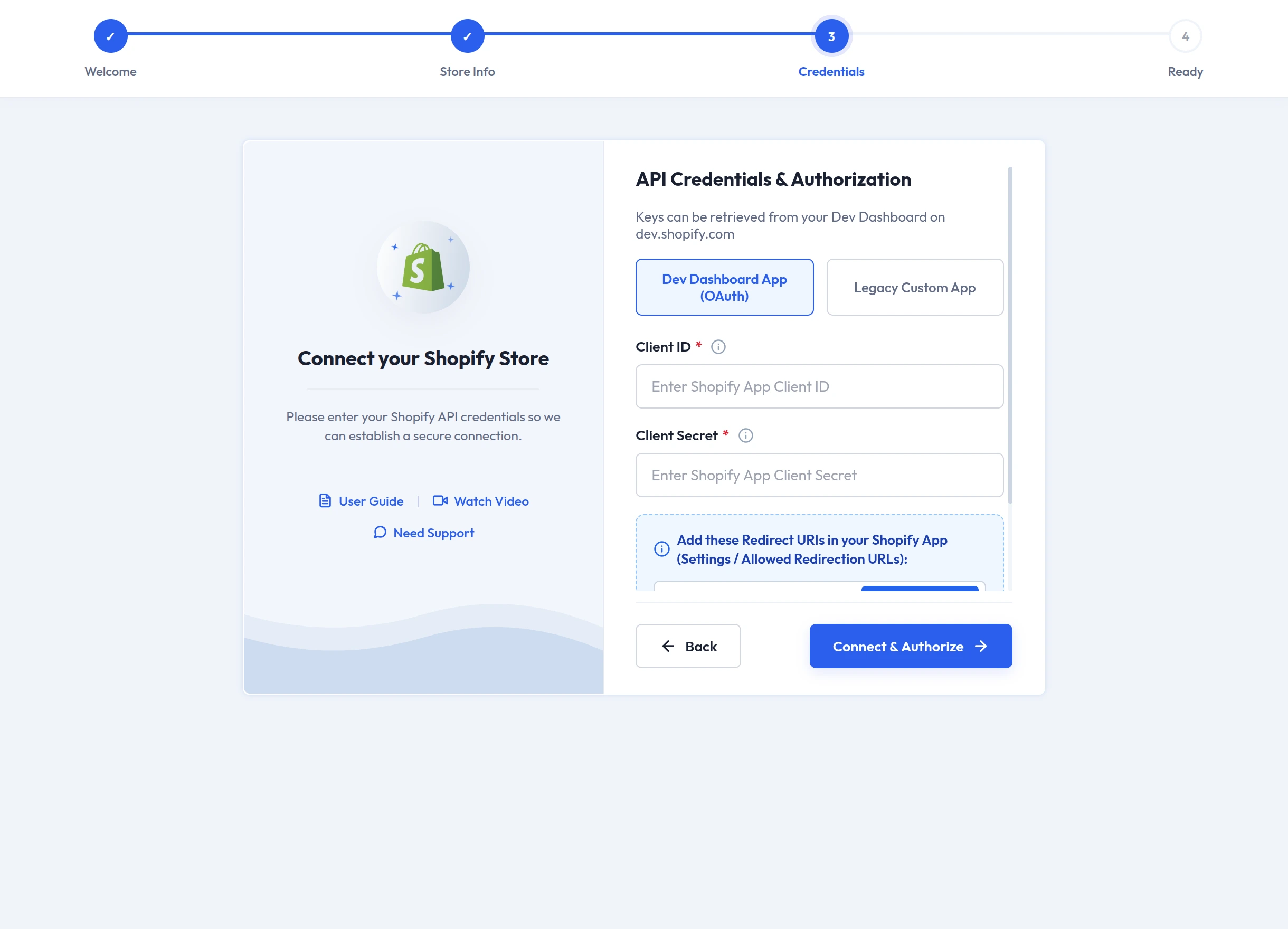 Setup wizard credentials step for a Dev Dashboard app