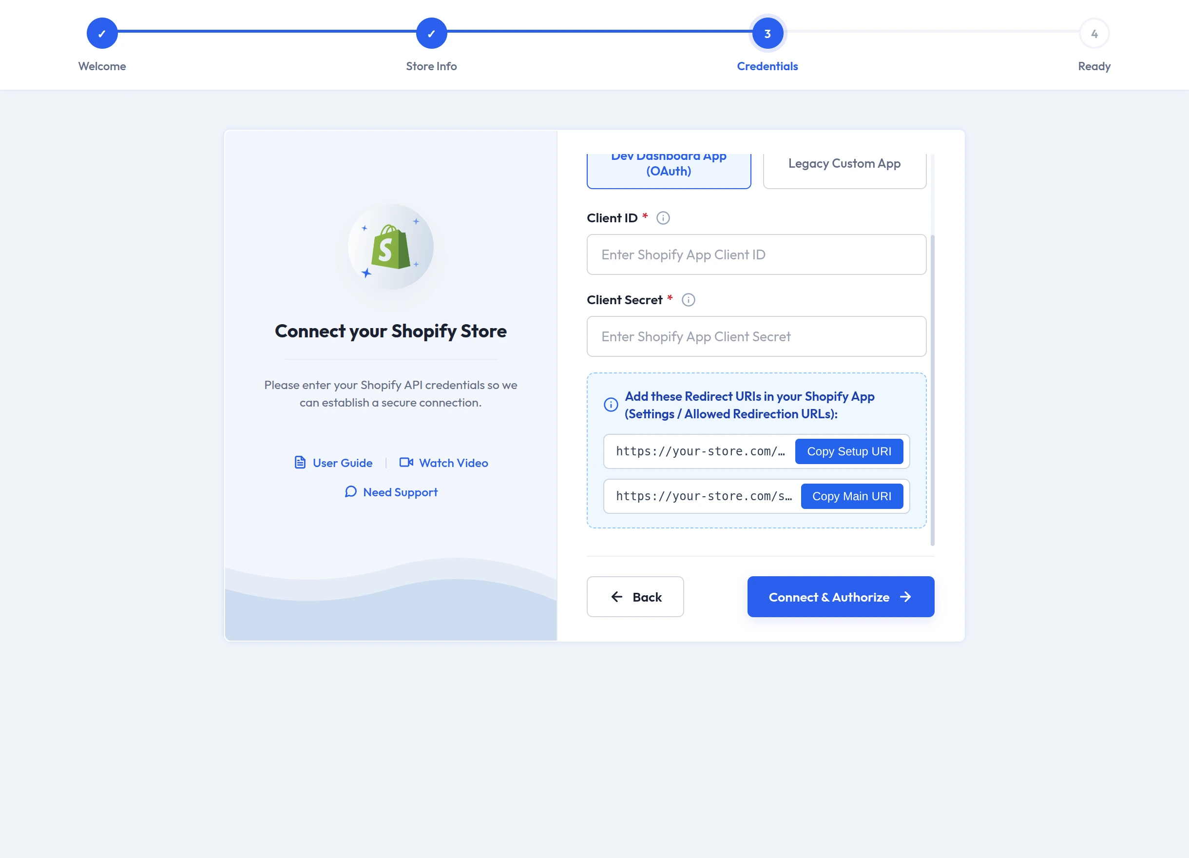 The redirect URIs to add to your Shopify app
